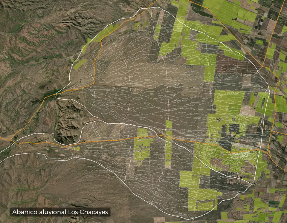 Le cône alluvial de Los Chacayes vu du satellite